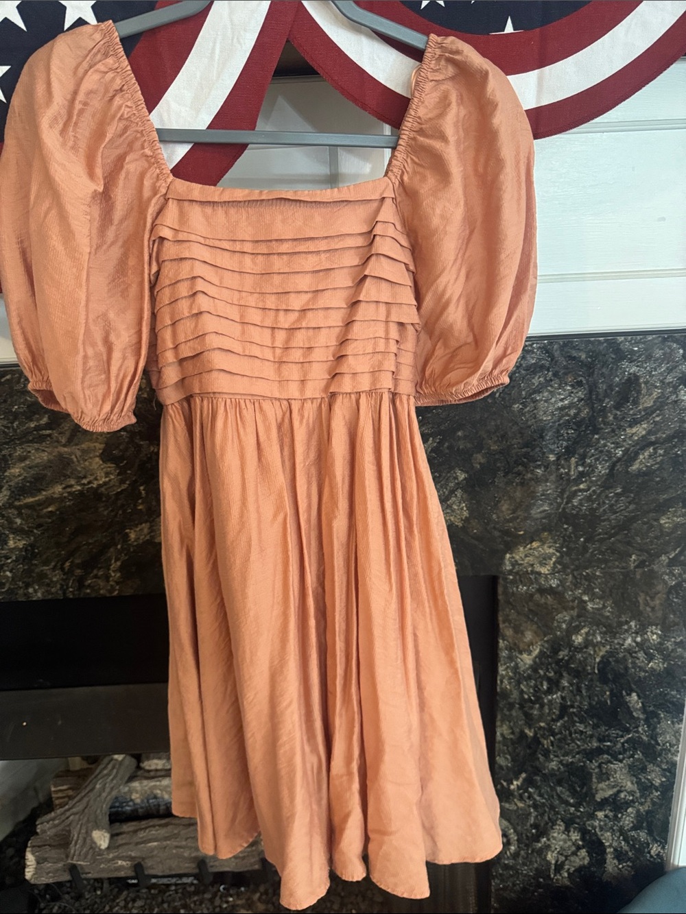 Blu Pepper Peach Square-Neck Puff Sleeve Mini Dress